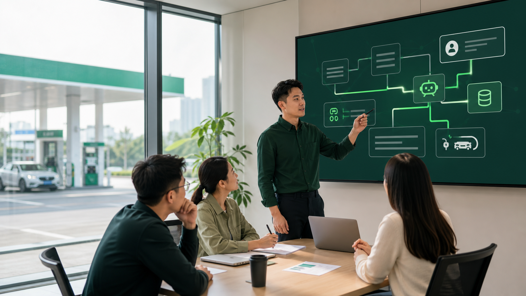 An operations team reviewing connected AI workflows for a fuel retail network